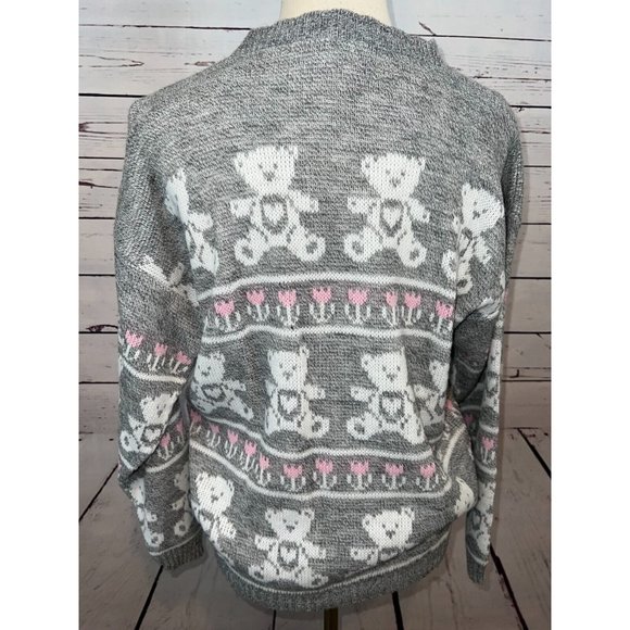 NWT Adele Knitwear Sweater Large Teddy Bears Heart Acrylic USA 80s Vintage Gray - Picture 10 of 10